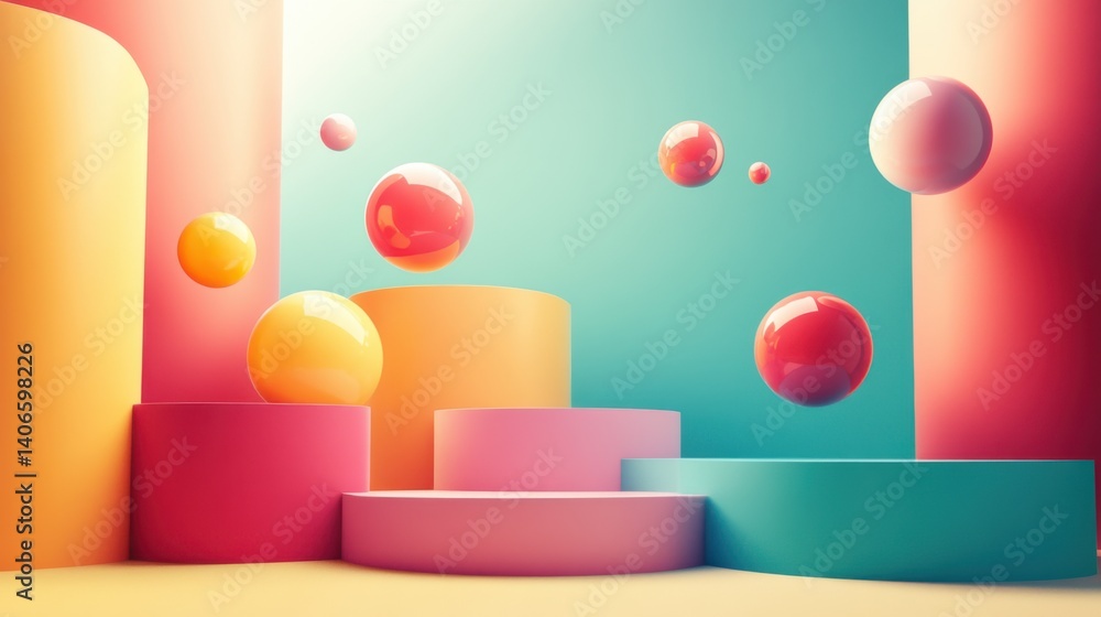 Poster a vibrant arrangement of colorful spheres floating above pastel geometric shapes, creating a playful