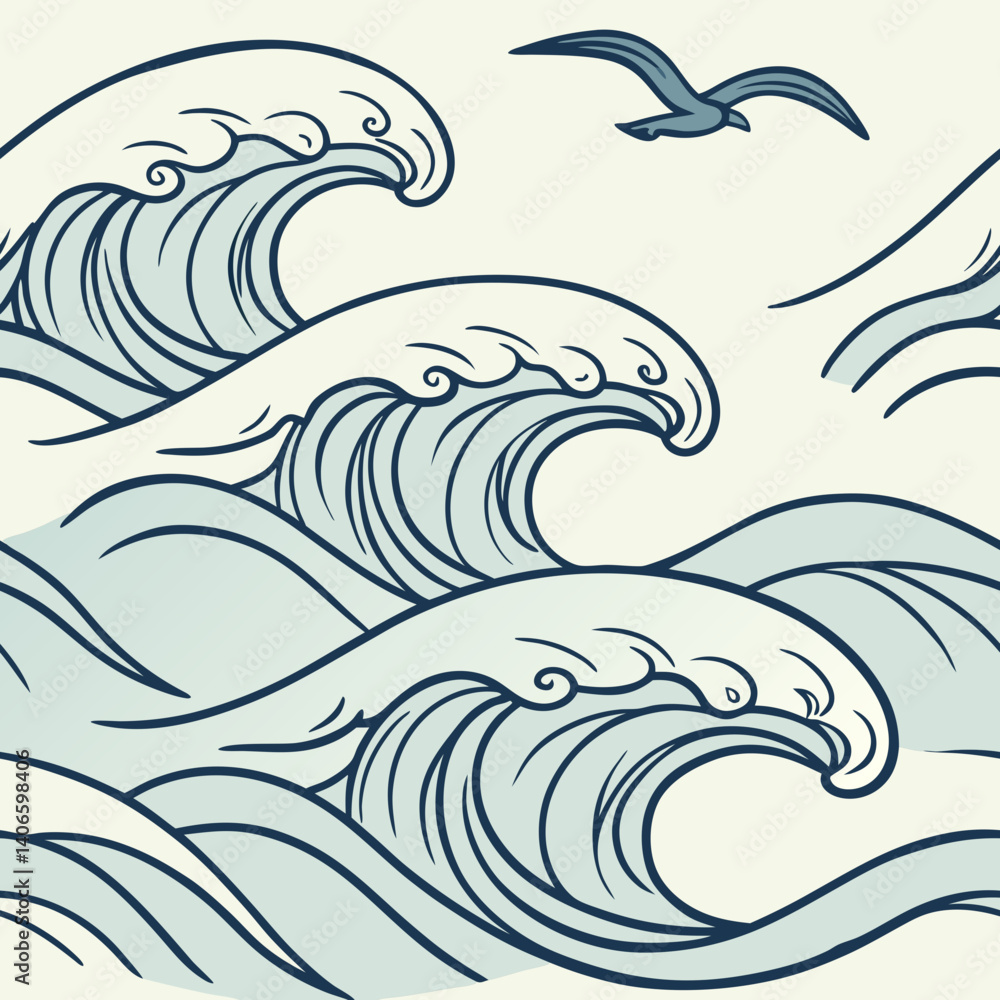 Poster seamless vector pattern of waves and seagulls in light colors