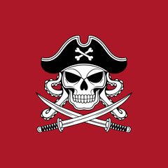 Pirate Skull with Crossed Swords, Wearing a Hat and Surrounded by Tentacles