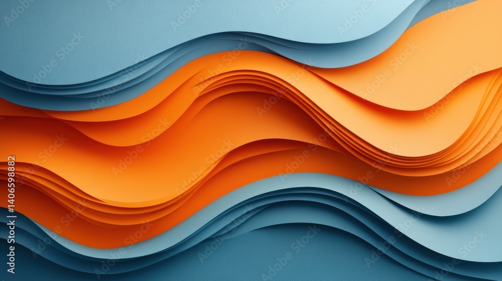 Poster a vibrant abstract design featuring layered waves of orange and blue, creating a dynamic visual flow