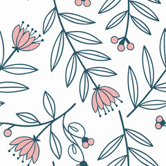Fototapeta premium Seamless floral vector pattern design with pink flowers on white background 