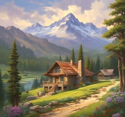 Fototapeta premium Illustration of spring season landscape with cottage and mountain.