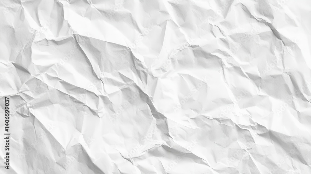 Poster crumpled white paper creating textured, wrinkled surface with dynamic folded patterns, serving artis