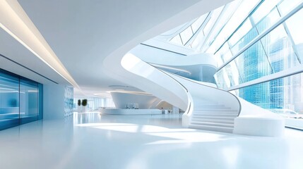 A bright white and blue open-space office interior design, featuring clean lines and natural light