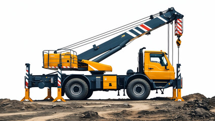 Fototapeta premium The crane arm is visible with its white stripes, ready to lift a material
