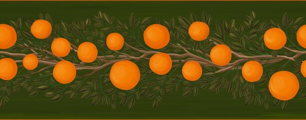 Horizontal seamless border with oranges citrus fruit. Twigs with leaves and oranges fruits on textured dark green background. Hand drawn design element.