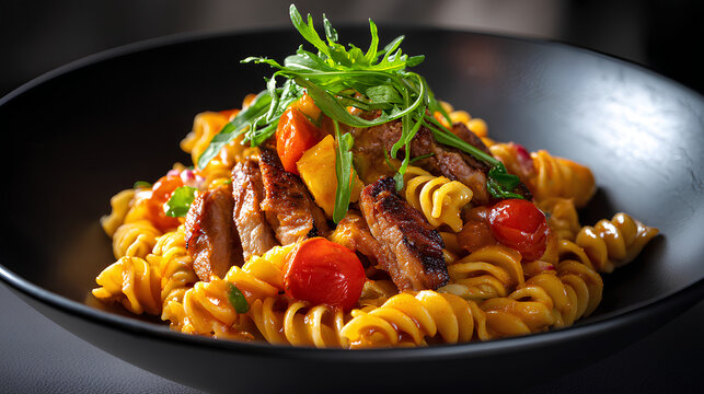 Thai red curry fusilli pasta with roasted duck pineapple and cherry tomatoes in bold aromatic sauce blending sweet and savory fusion flavors  
