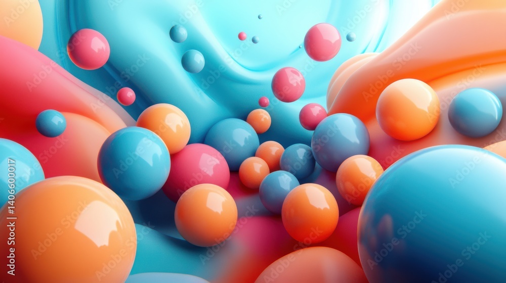Poster a vibrant mix of colorful spheres interspersed in smooth, flowing shapes, creating a dynamic and liv