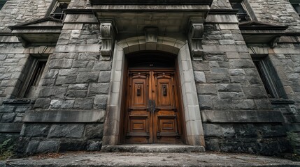 Fototapeta premium a front view of an old mansion with a large door, the door is closed and is in the center of the image, spooky photo.
