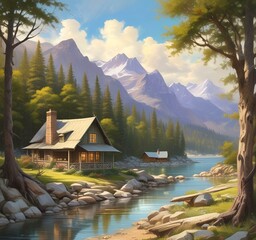 Fototapeta premium Illustration of spring season landscape with cottage and mountain.