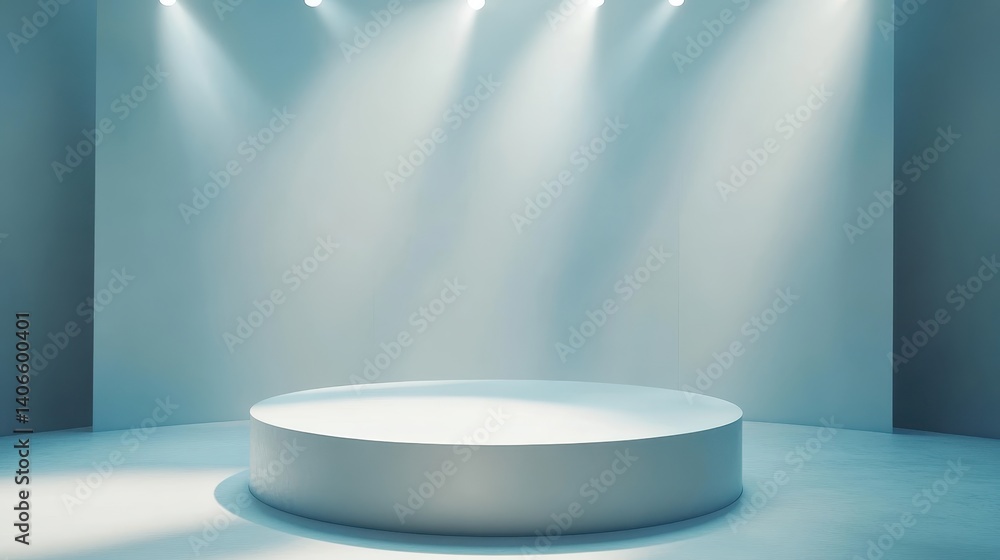 Poster white round podium illuminated by spotlights in minimalist studio setting creating a dramatic presen