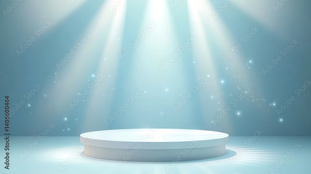 Poster white round podium illuminating under spotlights on a blue background with sparkling particles creat