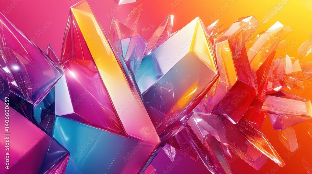 Poster a vibrant display of colorful, sharp-edged crystals reflecting light, creating a dynamic and abstrac