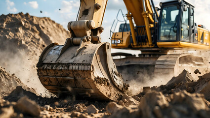 Fototapeta premium an excavator’s bucket digging into the ground at a construction site, with dirt and dust flying