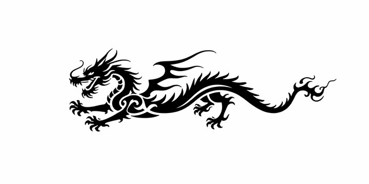 Stylized Dragon Illustration Black Silhouette on White Background Vector Graphic