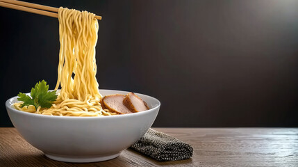 delicious bowl of ramen noodles is presented with chopsticks lifting noodles, accompanied by slices of meat and garnished with fresh herbs, evoking sense of warmth and comfort