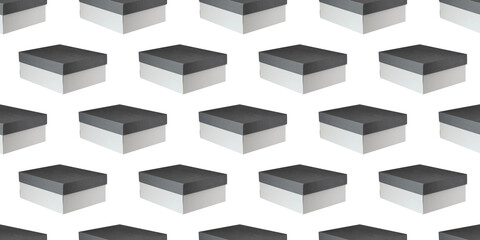 Obraz premium Seamless pattern of gray and white closed rectangular cardboard boxes on white background