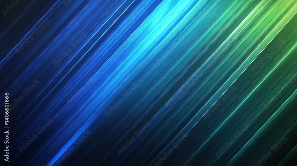 Poster vibrant diagonal lines blending smoothly, generating gradient transition from deep blue to bright gr