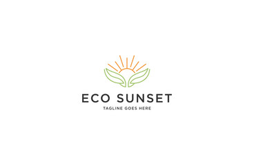 Sunset and leaf with line art style logo inspiration vector illustration