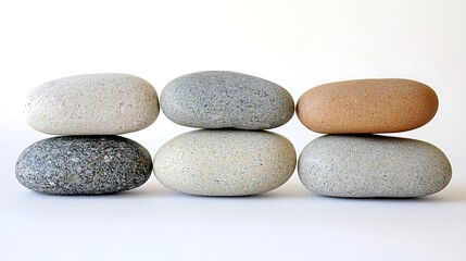 Three pairs of smooth, varied-color stones stacked on a white background
