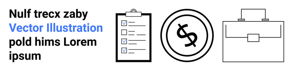 Checklist clipboard, dollar sign circle, work briefcase. Ideal for finance, work, productivity, planning, business career organization. Abstract line flat metaphor