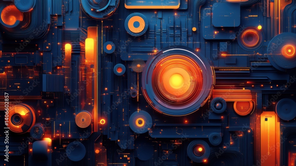 Poster a vibrant, abstract digital design featuring circular patterns, glowing elements, and intricate line