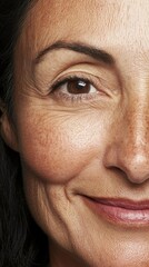 Obraz premium Half face portrait of mature woman smiling, revealing natural wrinkles and freckles, embodying graceful aging with genuine self acceptance and radiant confidence