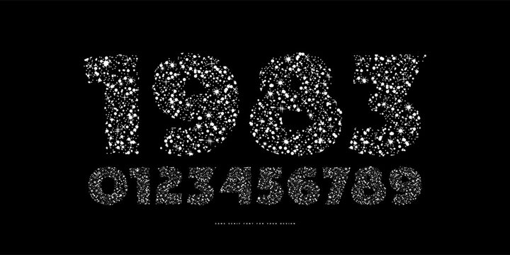 Decorative sans serif numerals with night starry texture. For headline and emblem design. White print on black background