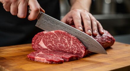 Close-up of Chef's Hands Slicing a Raw Ribeye Steak with a Damascus Steel Knife on a Wooden Cutting Board