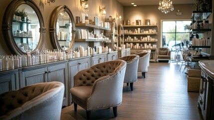 A beauty salon interior featuring neat rows of armchairs, mirrors, and elegant cosmetic displays, all bathed in natural light