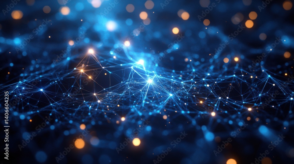 Poster a mesmerizing digital representation of interconnected nodes and glowing particles, illustrating a n