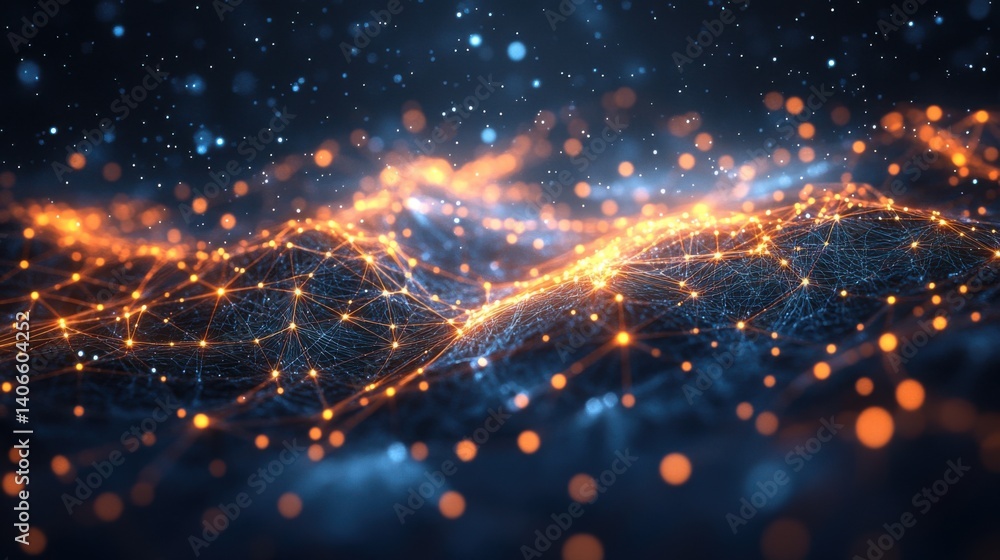 Poster a mesmerizing digital landscape featuring glowing lines and particles, creating a vibrant, abstract 
