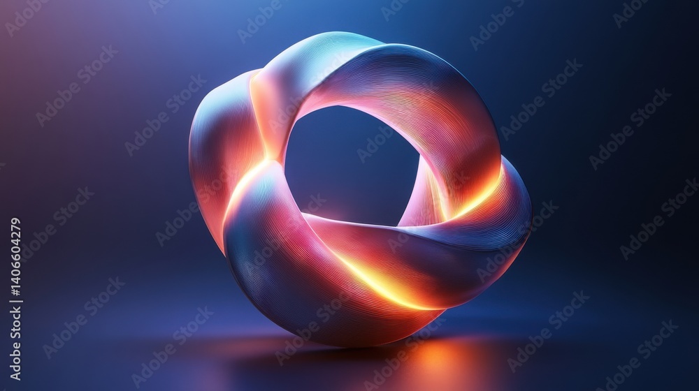 Poster a vibrant, artistic 3d rendering of a twisted geometric shape, glowing with a soft illumination, set