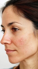 Obraz premium Woman with dark hair displaying facial redness, acne scars, revealing dermatological challenges and skincare concerns