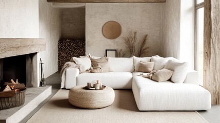 Scandinavian-style living room with a white corner sofa, fireplace, and natural textures for a serene, modern design.