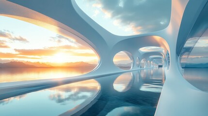 Fototapeta premium A futuristic architectural space with flowing lines, large windows, and a serene water view reflecting a beautiful sunset.