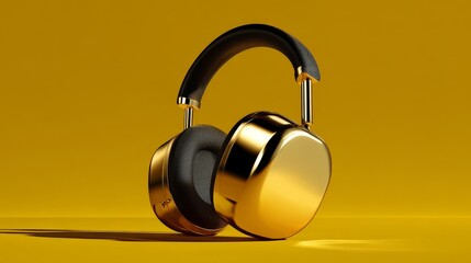 Golden 3D headphones isolated against a yellow background for a sleek audio design. 
