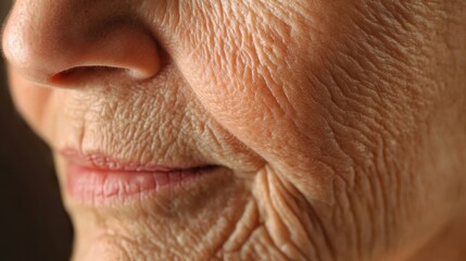 Fototapeta premium Aged senior woman's deeply lined face revealing intricate wrinkles, highlighting skin's textural changes and profound life journey through nuanced facial landscape