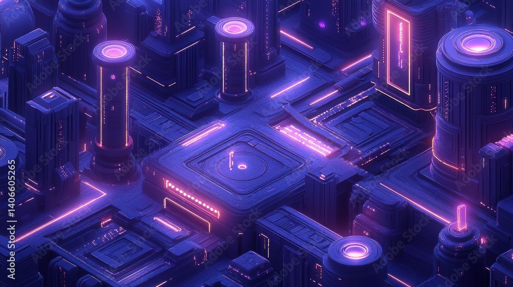 Poster a futuristic cityscape with glowing neon structures and intricate designs, creating a vibrant and im