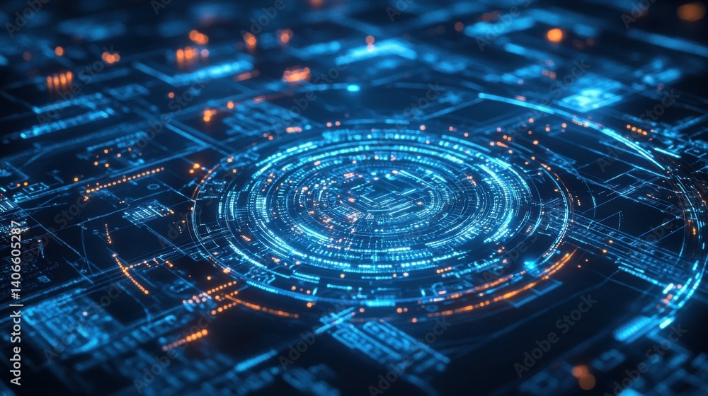 Poster a vibrant, abstract representation of digital circuitry with glowing blue lines and circular pattern