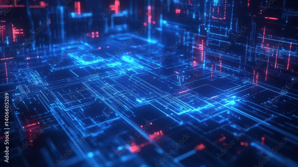 Poster a futuristic digital landscape featuring glowing blue and red circuits, representing advanced techno
