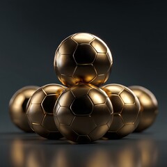 High-res 3D pile of gold soccer balls with one on top, symbolizing leadership.