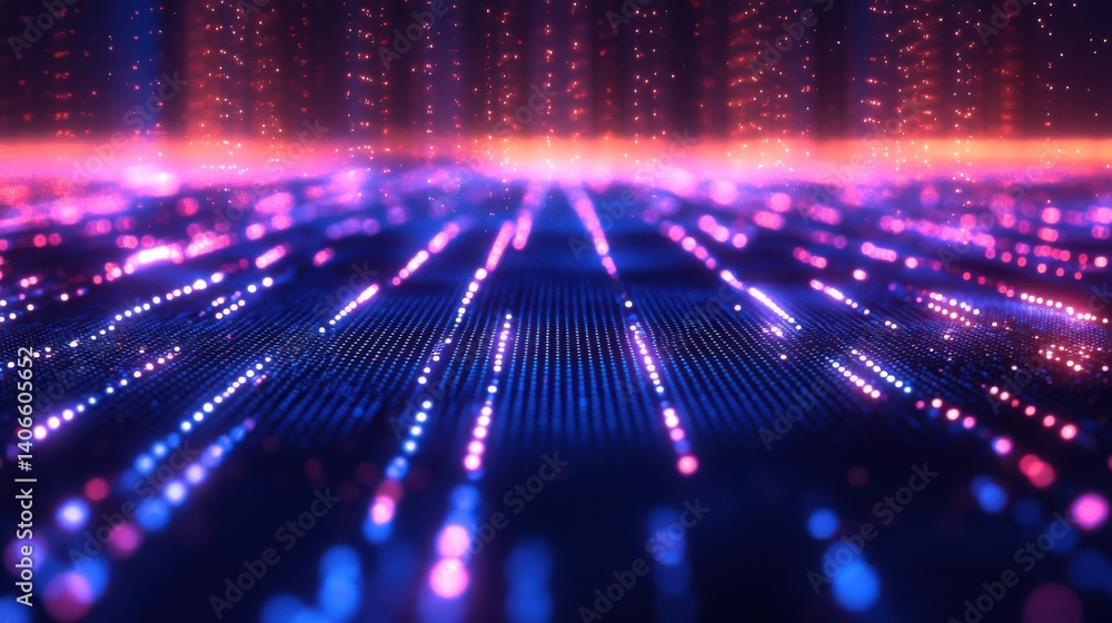 Poster a vibrant, digital landscape featuring glowing lights and patterns, creating an abstract visual effe