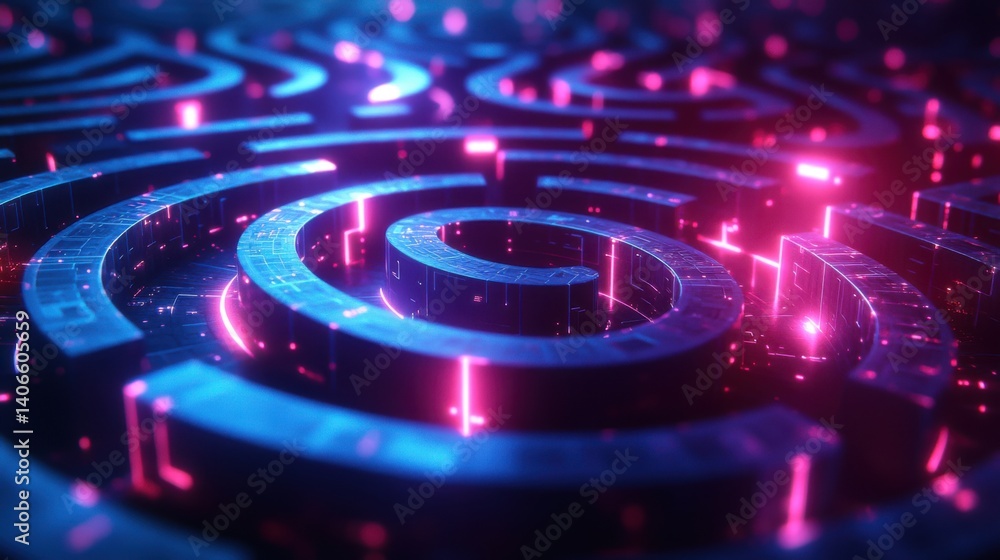 Poster a vibrant, digital maze with glowing lines and intricate patterns, creating a mesmerizing visual eff