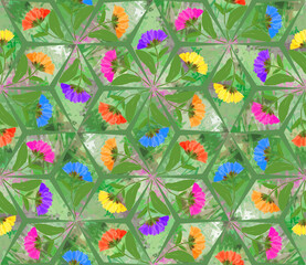 Design element from marigold, calendula. Watercolor. Mosaic. Seamless pattern for wallpaper. Kerchief design or tablecloth, scarf, towel. Textile, cotton fabric. For shirts, linens. Packing covers.