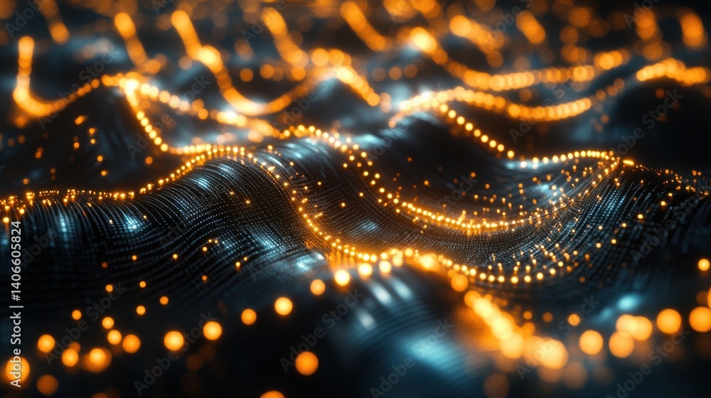 Poster a mesmerizing abstract landscape featuring flowing waves of glowing lights, creating a dynamic sense