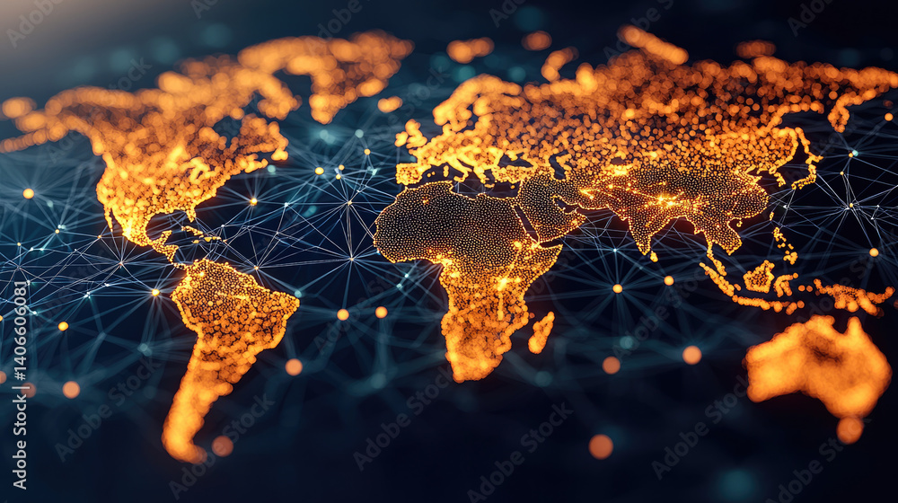 Poster digital representation of world map illuminated with orange dots, showcasing interconnected networks