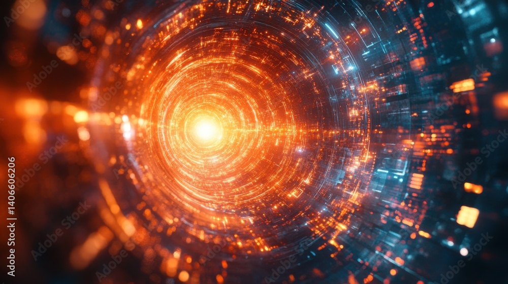 Poster a mesmerizing digital vortex of bright orange and blue lights spiraling inward, creating a dynamic, 