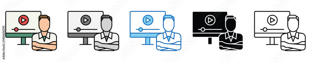 Poster watching video icons set – editable vector icons in multiple styles