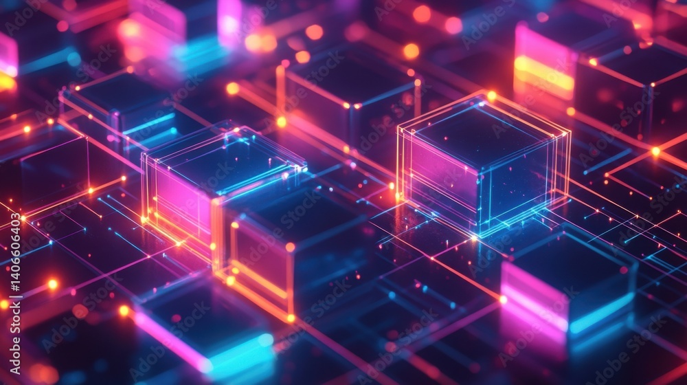 Poster a vibrant digital landscape featuring illuminated geometric shapes, showcasing a futuristic and abst